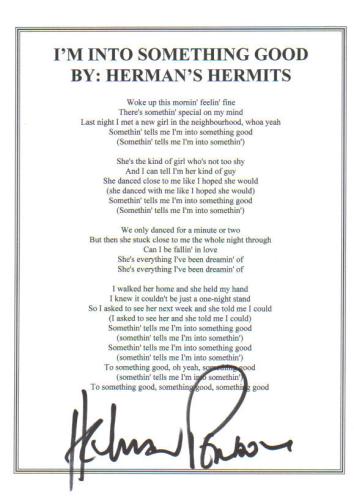 Peter Noone 'Hermits' Autographed Lyric Sheet 'I'm Into Something Good'!