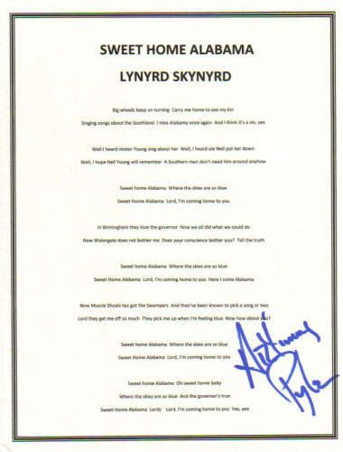 'Lynyrd Skynyrd' Autographed 'Sweet Home Alabama' Lyric Sheet by Artimus Pyle!